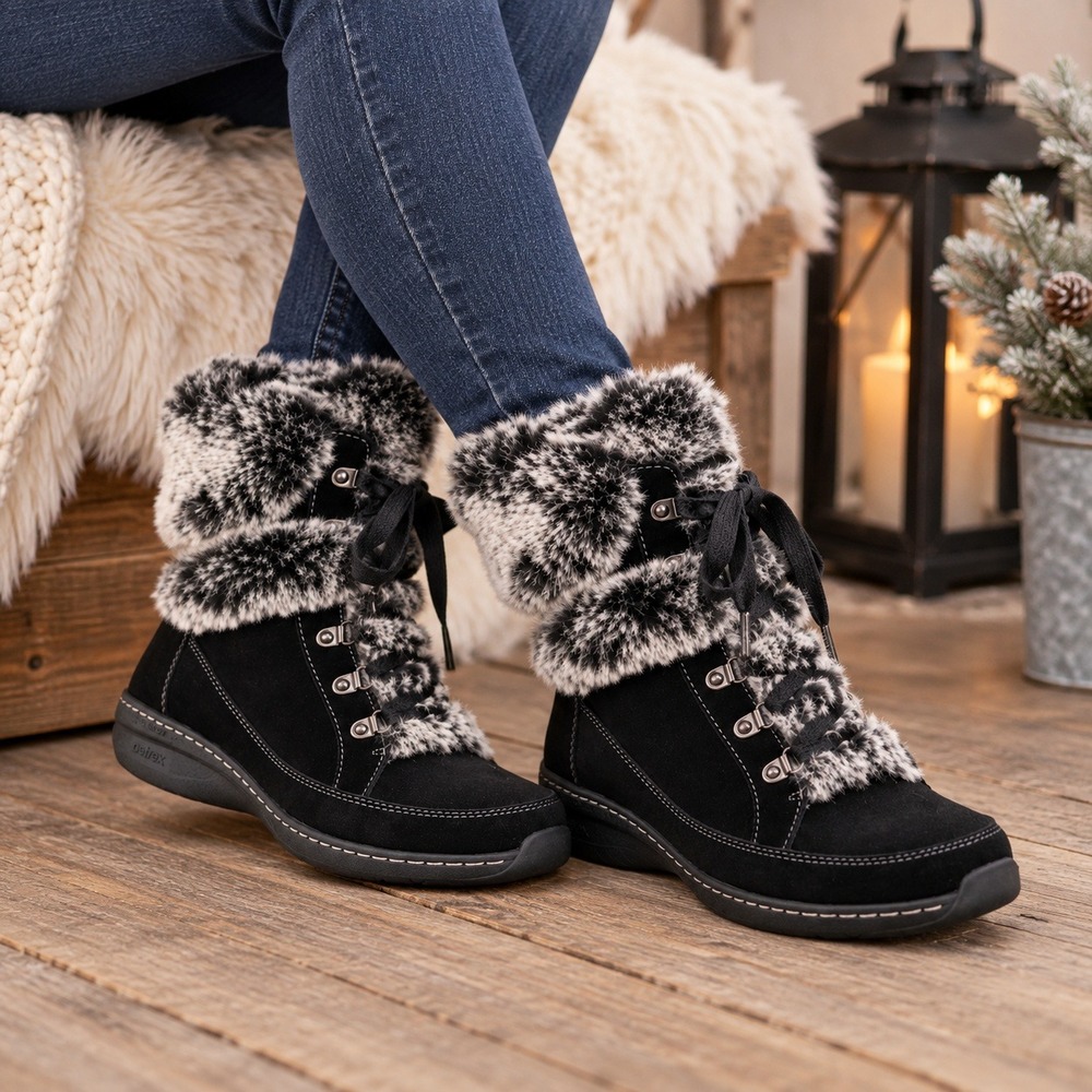 Aetrex Fiona BB270 Women's 8.5 Black Faux Fur Lace Up Winter Boots